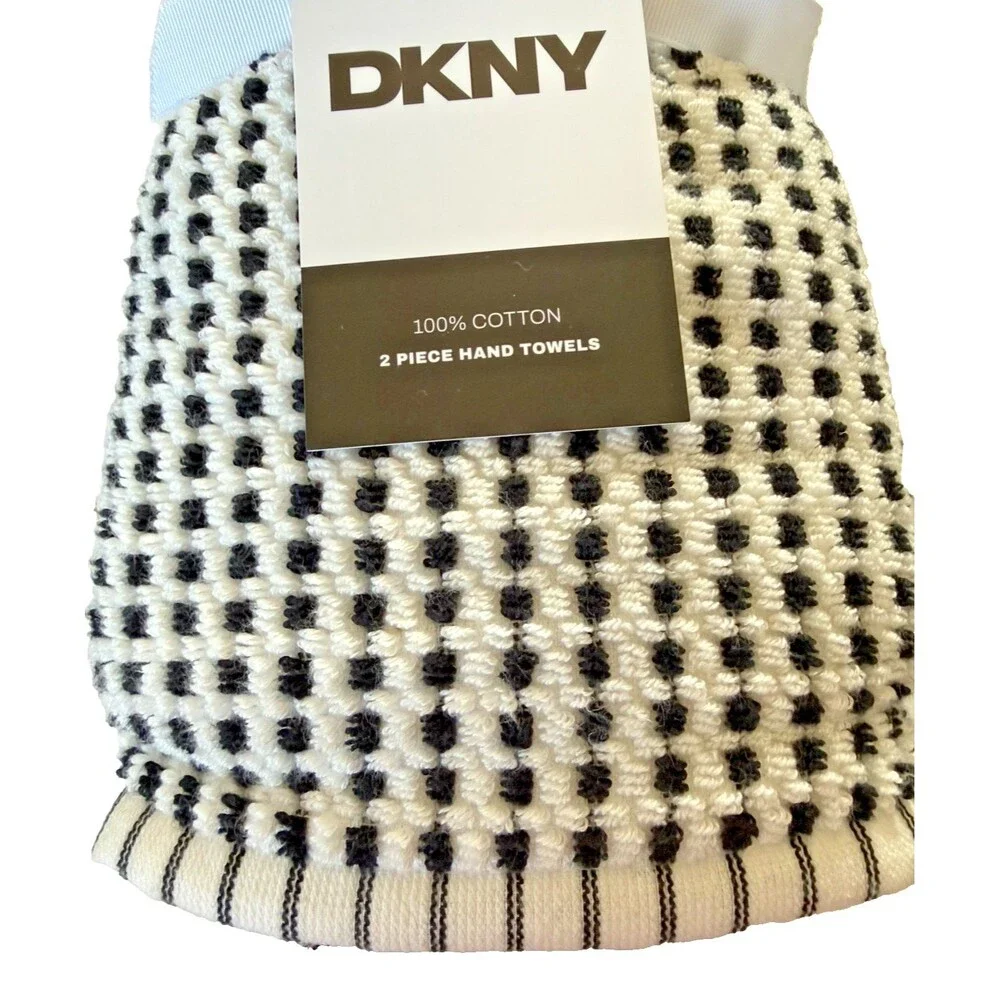 DKNY Hand Towels Set of 2 Black Ivory Check Dot Cotton 16x28 Country Cabin